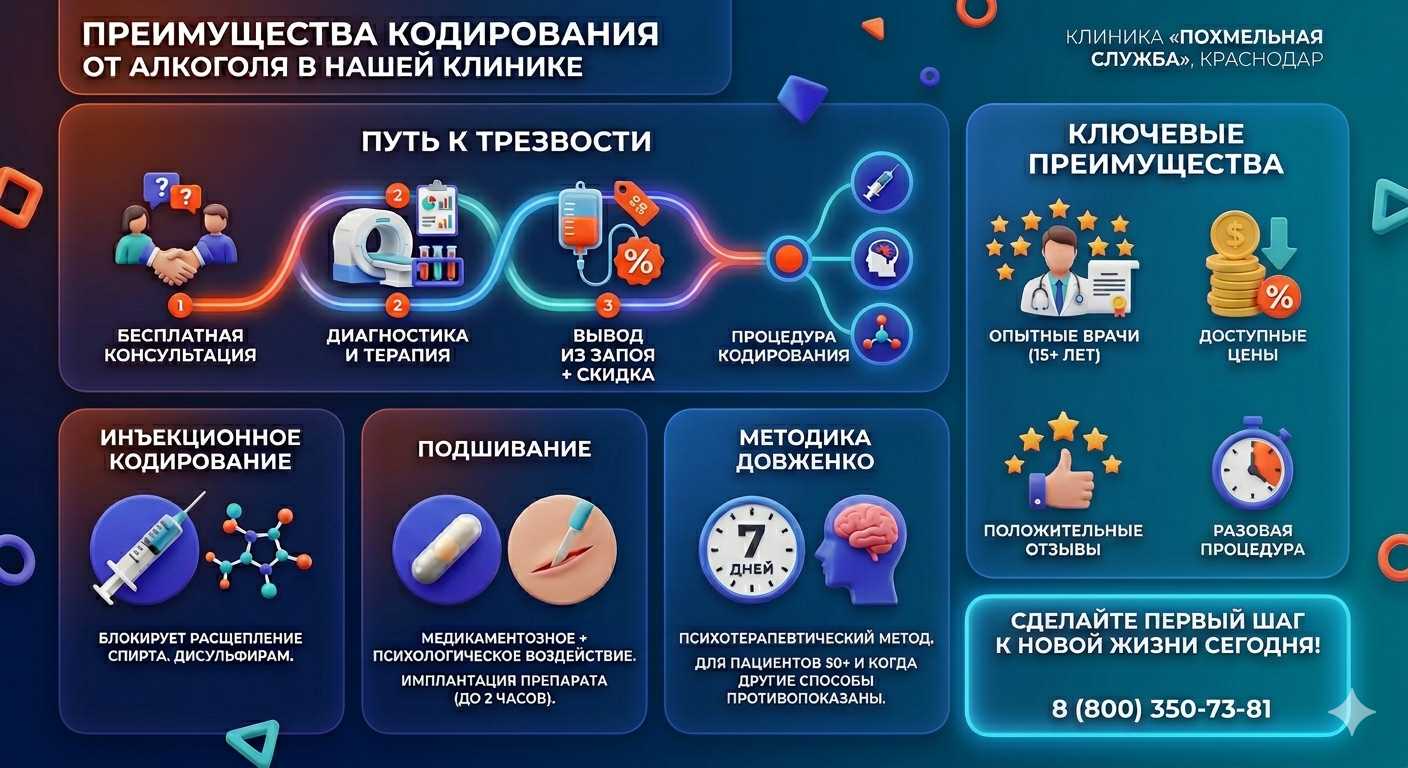 Инфографика о методах кодирования от алкоголя в Славгороде: инъекции, подшивание, метод Довженко. Преимущества клиники и этапы лечения.