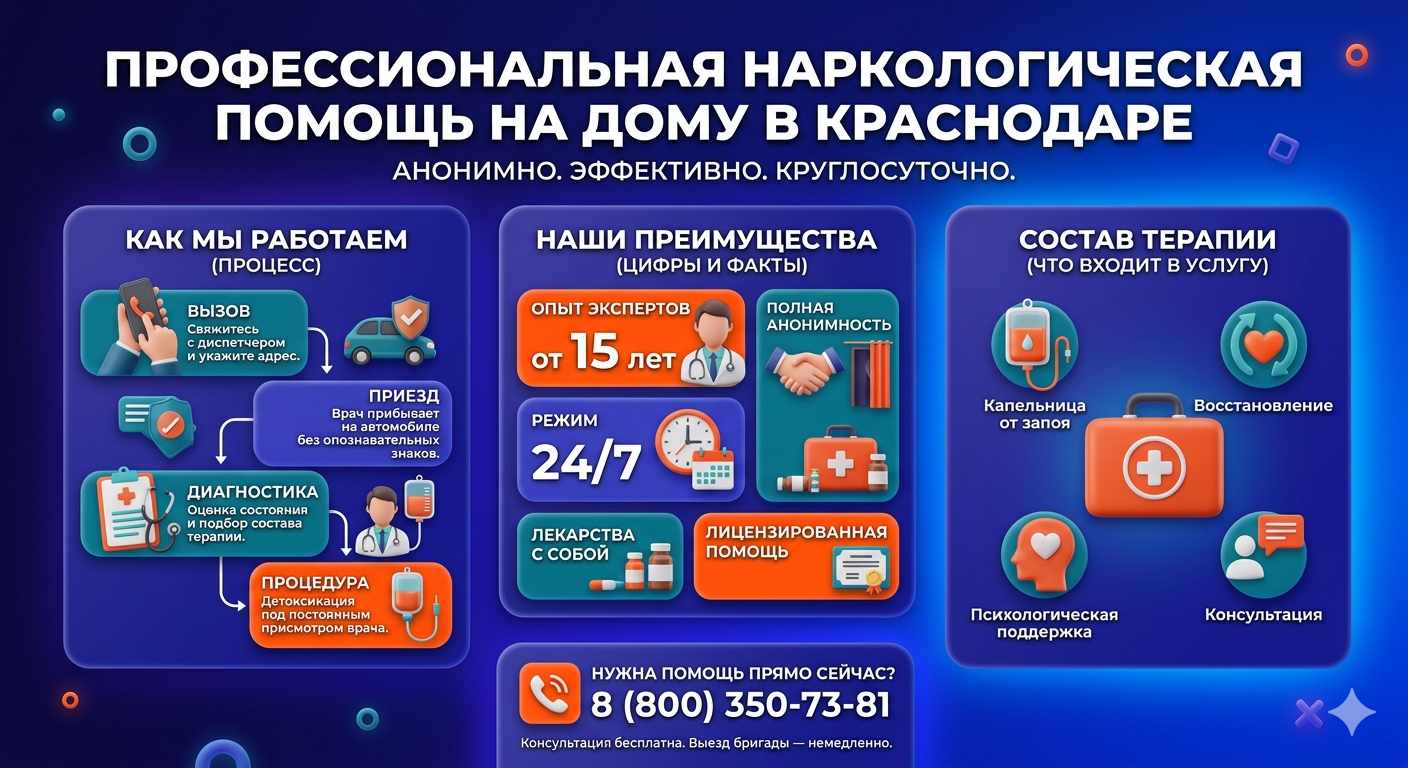 Инфографика о принципах лечения алкоголизма на дому в Славгороде: этапы вызова нарколога, преимущества анонимной детоксикации и состав медицинской помощи.